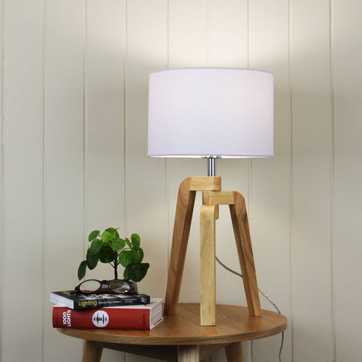 Oriel Lighting LUND TABLE LAMP Scandi Inspired Timber Tripod Lamp with Shade