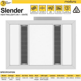 Modura Slender 3 in 1 Bathroom Heater Exhaust Fan and Light 1000w Halogen