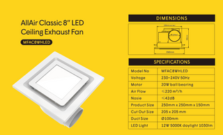 Modura AllAir Class 8" 12W LED Panel Light Ceiling Exhaust Fan Square